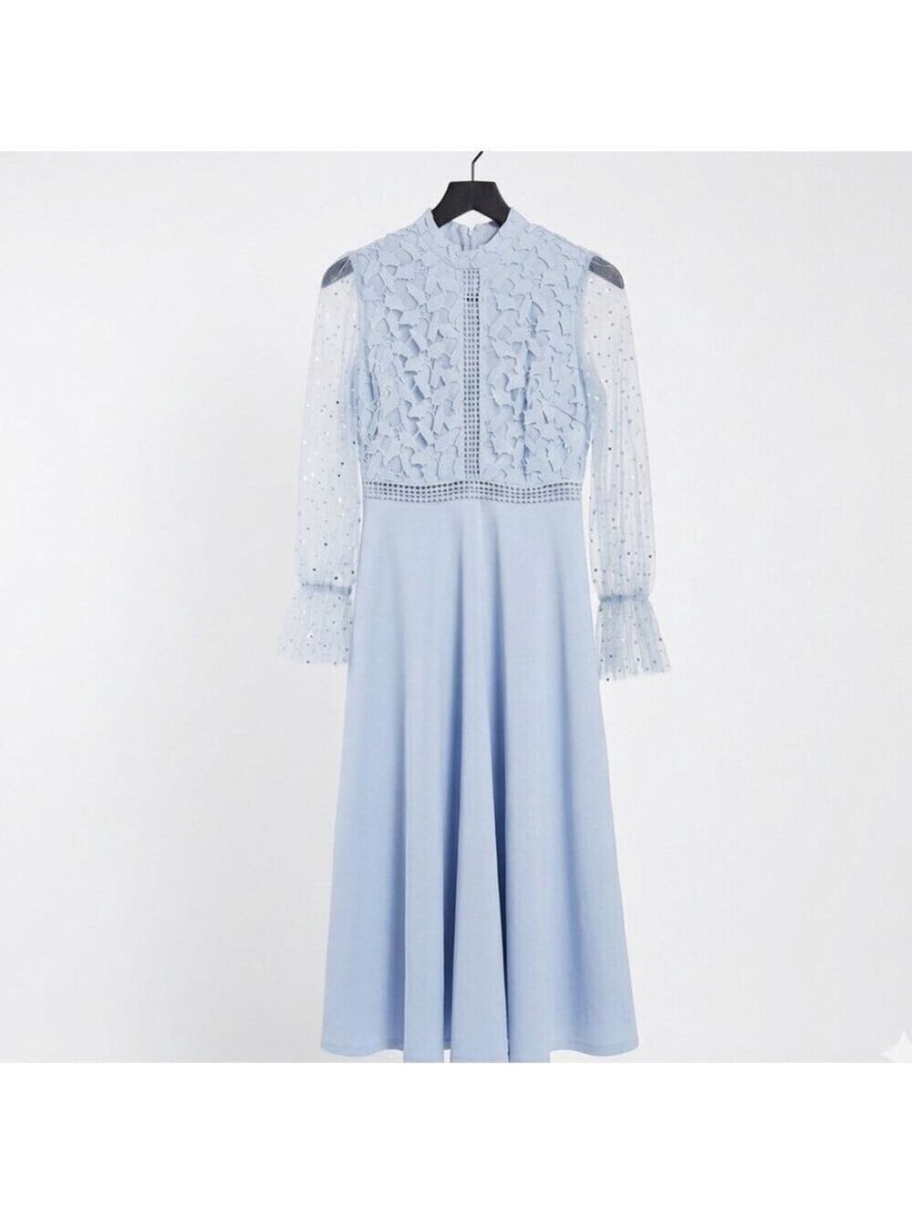SHEIN Blue Floral Lace Midi Dress Sequin Sheer Sleeve Wedding Guest M 0501 - Picture 2 of 9